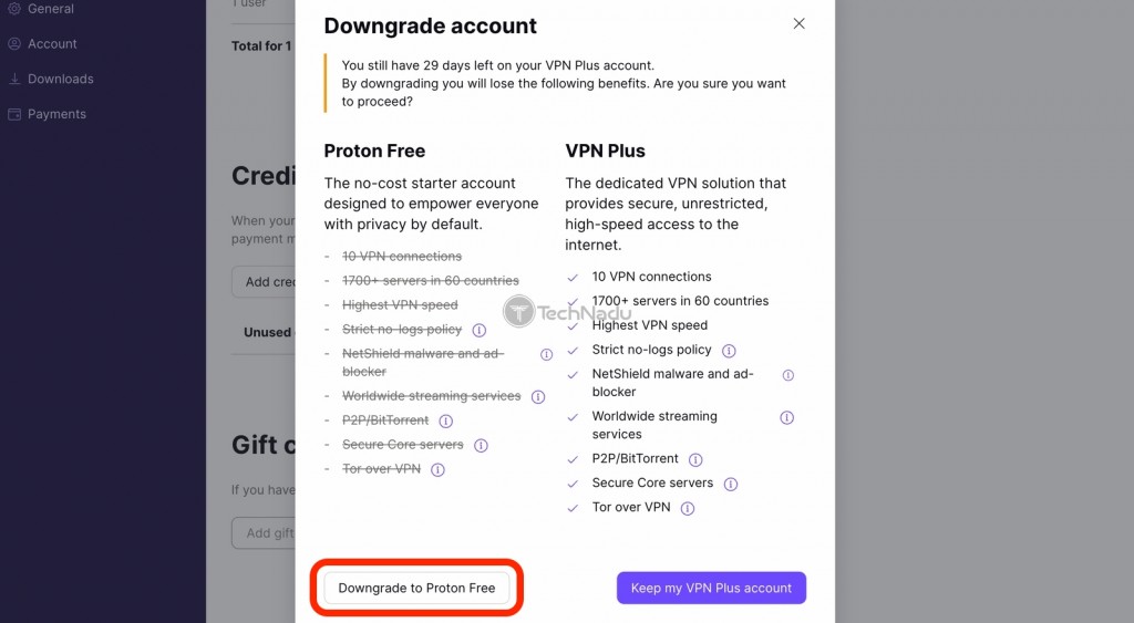 Downgrading Proton VPN Account