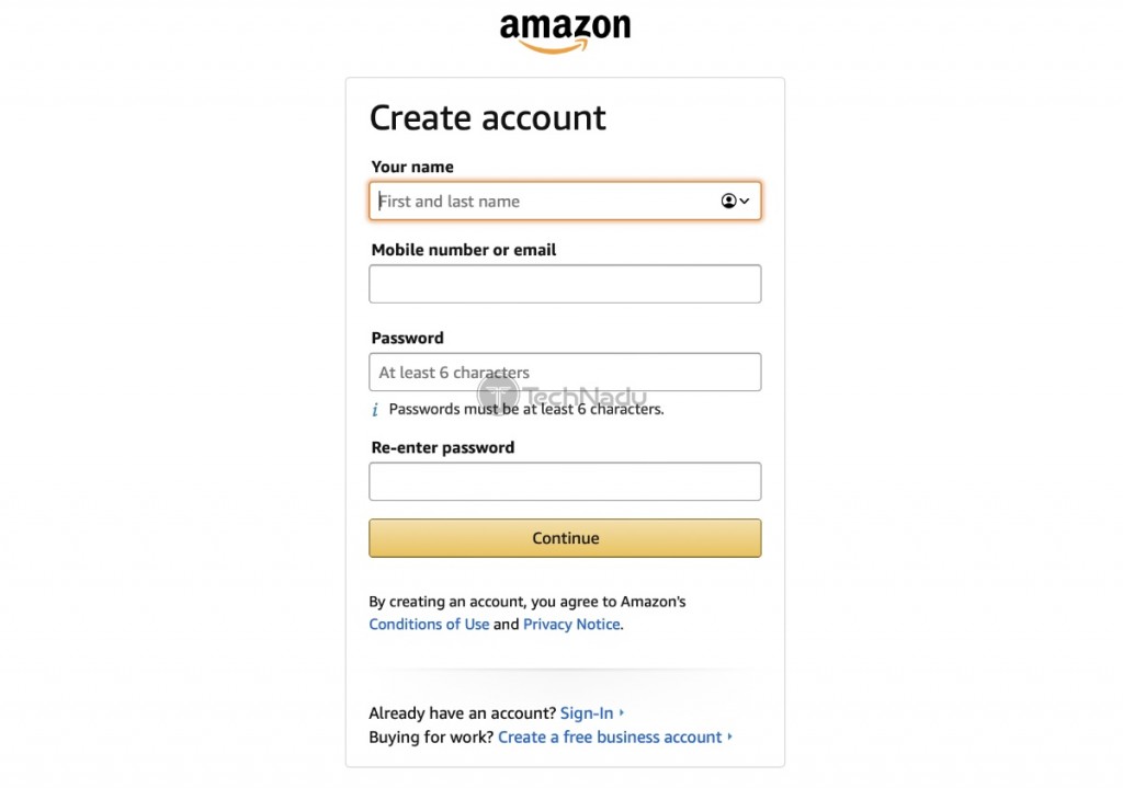 First Step of Creating Amazon Account