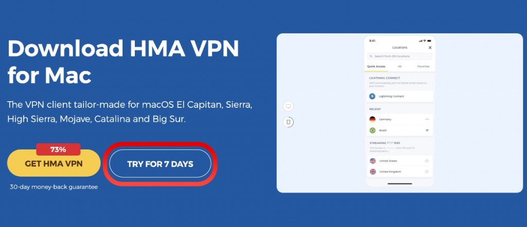 HMA VPN button promoting 7-day trial on the VPN's website.