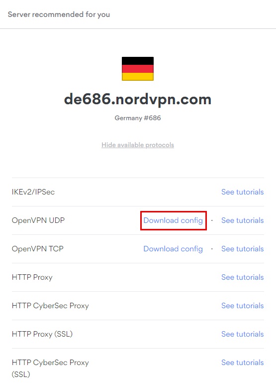 NordVPN server hostname and config file 