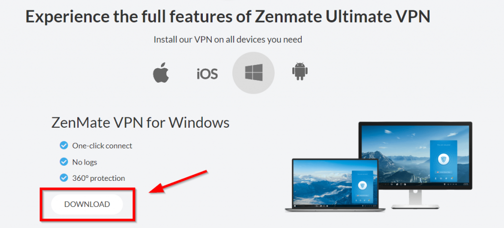 Button on the ZenMate VPN website letting users download the VPN app for free.