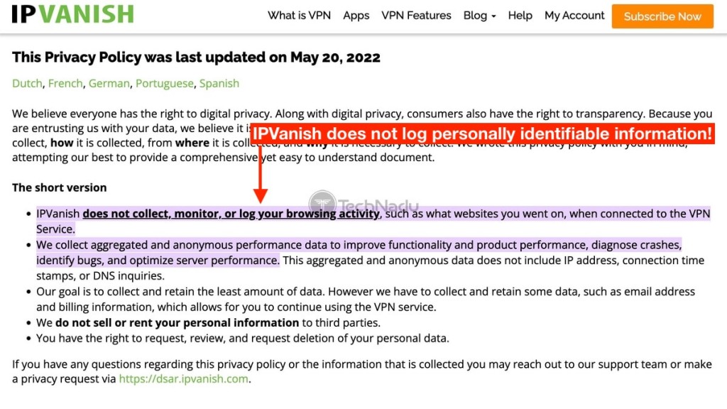Excerpt from IPVanish Privacy Policy