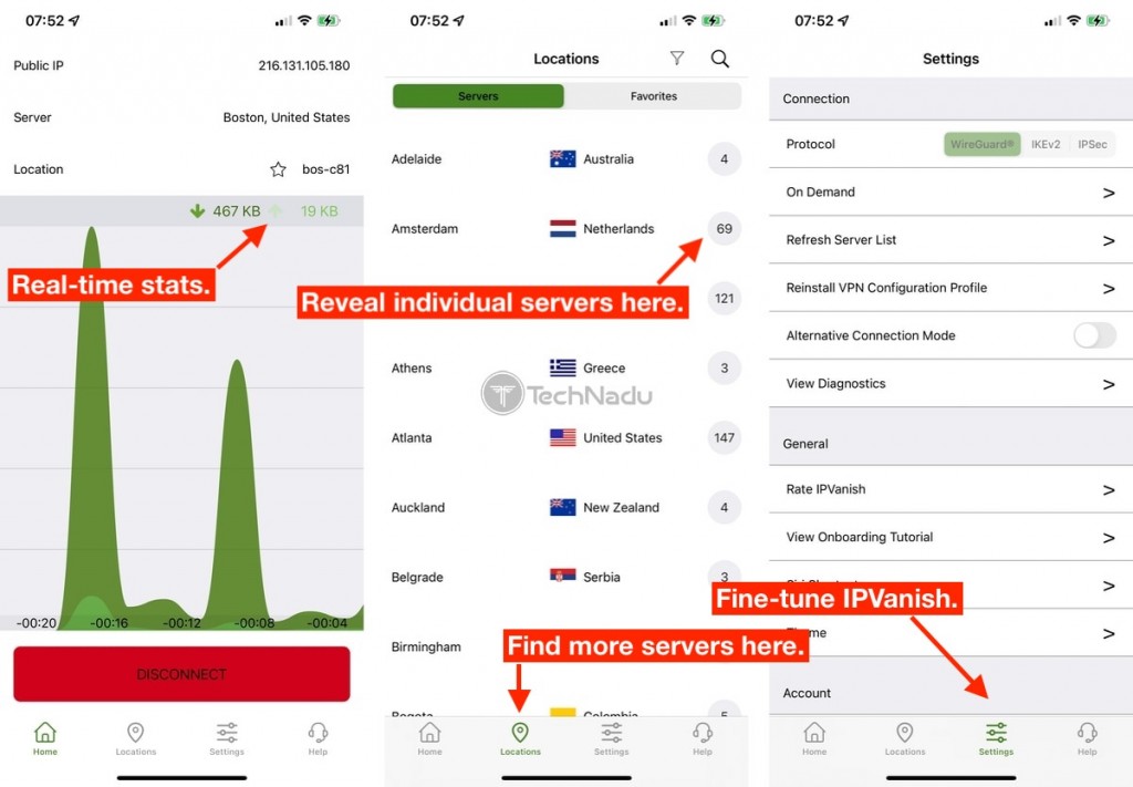 IOS पर IPvanish इंटरफ़ेस की व्याख्या