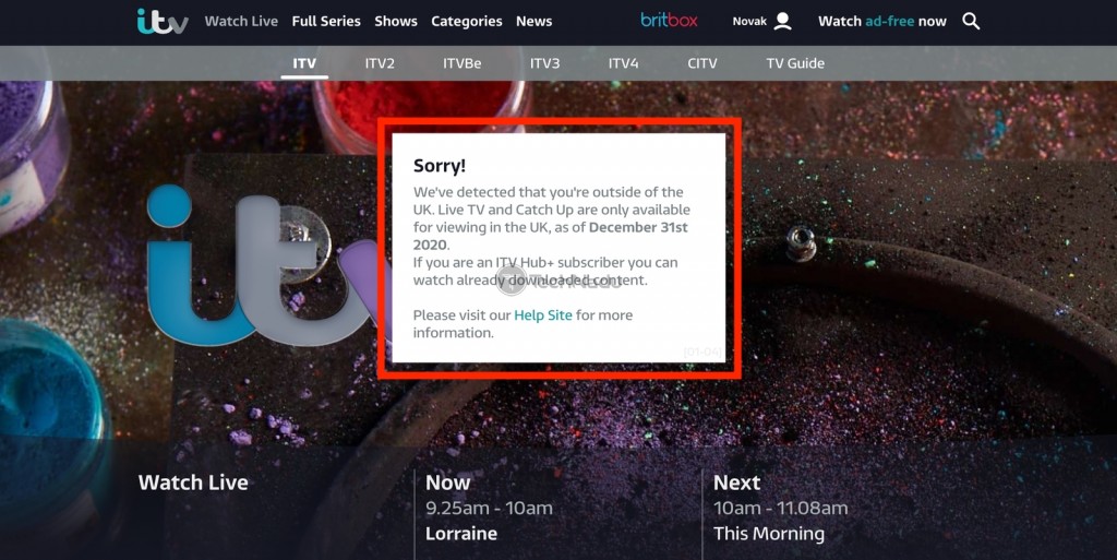 ITV Hub Geo Block Error Message