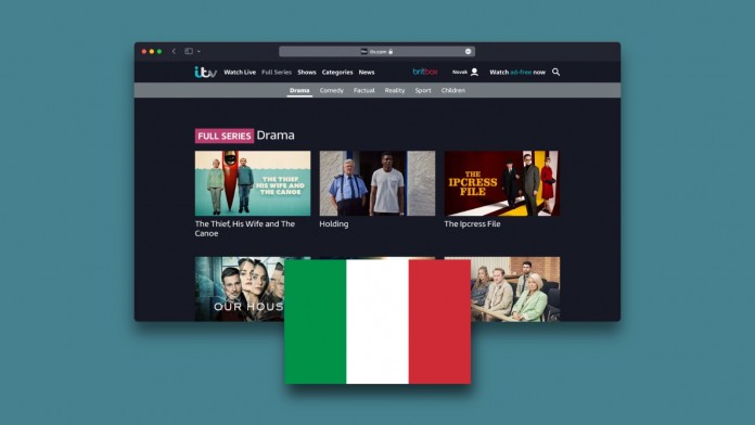 ITV Hub Web Interface With Italian Flag in Foreground