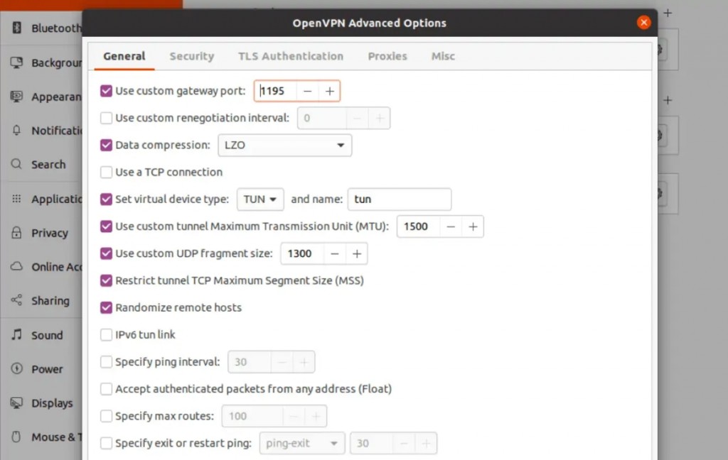 OpenVPN Advanced Options General Tab on Linux