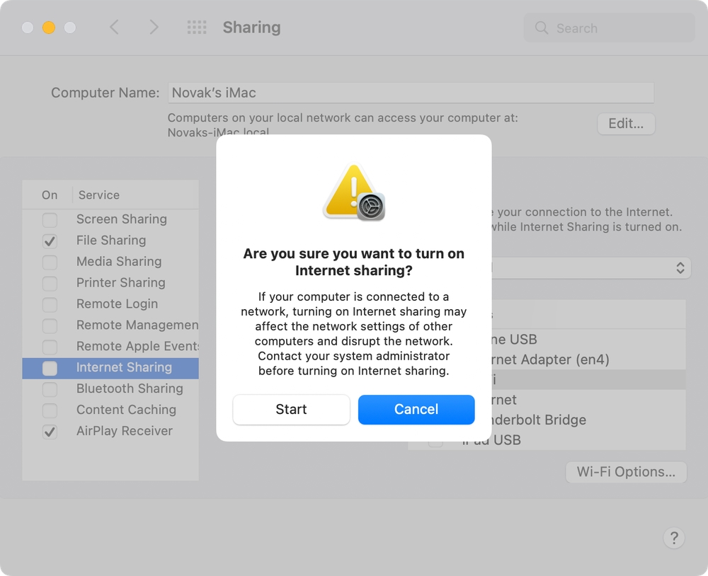 Prompt to Turn on Internet Sharing Mac