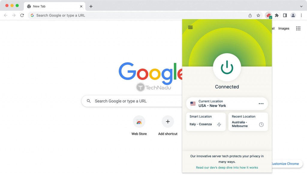 ExpressVPN Connected Interface for Chrome