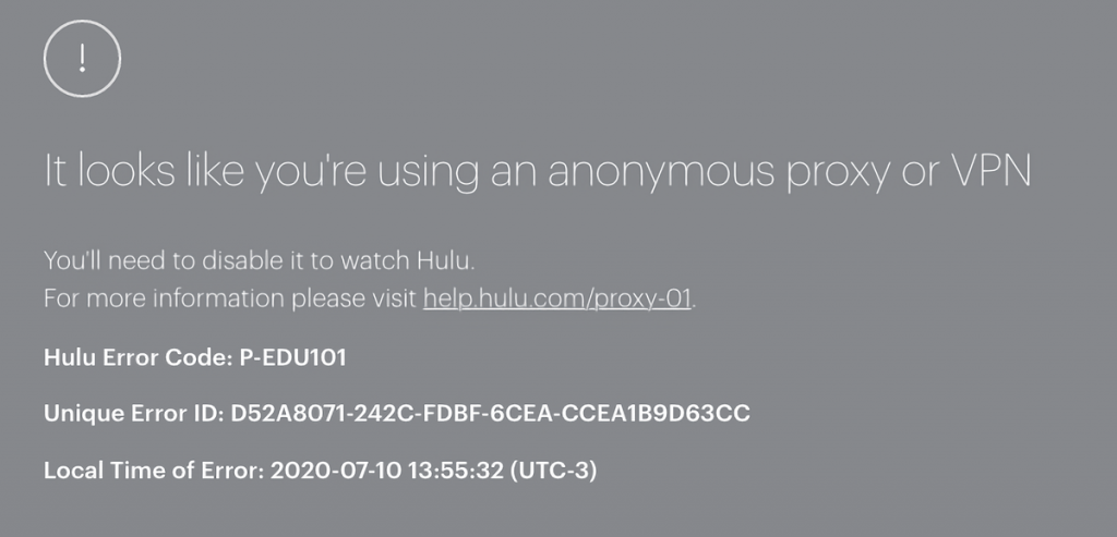 Hulu Proxy Error Message