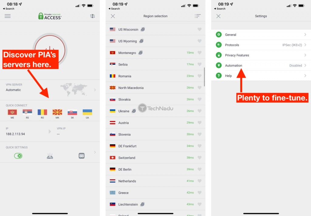 PIA VPN App for iPhone Interface
