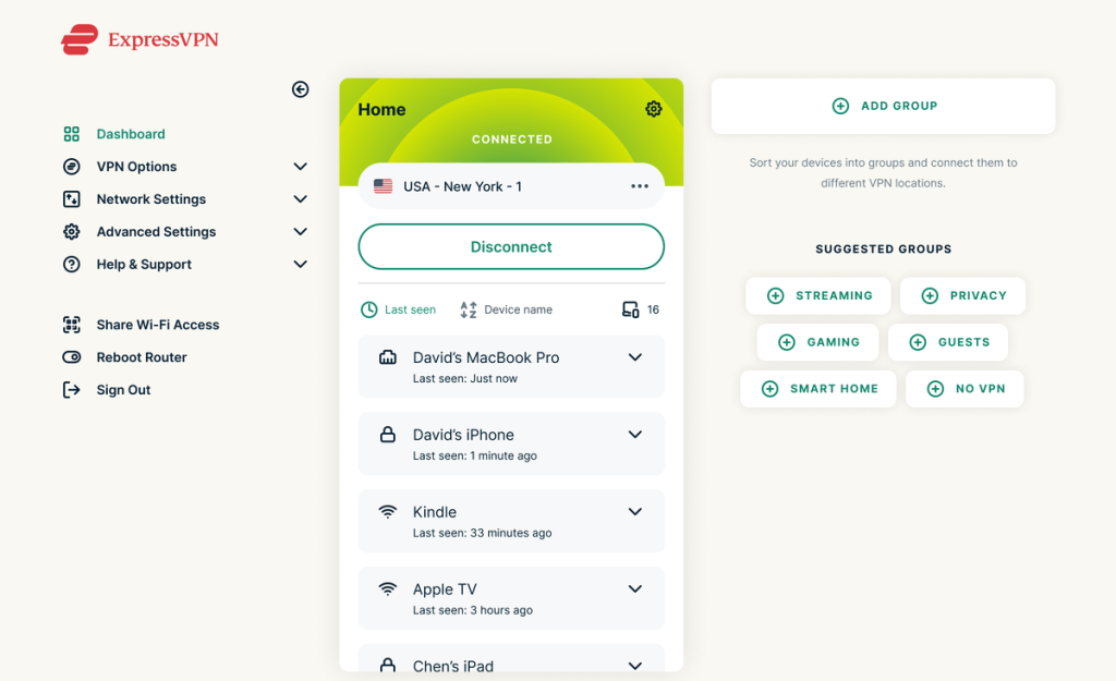 Dashboard of ExpressVPN Aircove Firmware