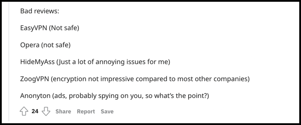 Reddit Comment Pointing to Bad VPNs