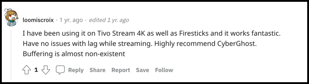 Reddit Comment on CyberGhost's Streaming Capabilities