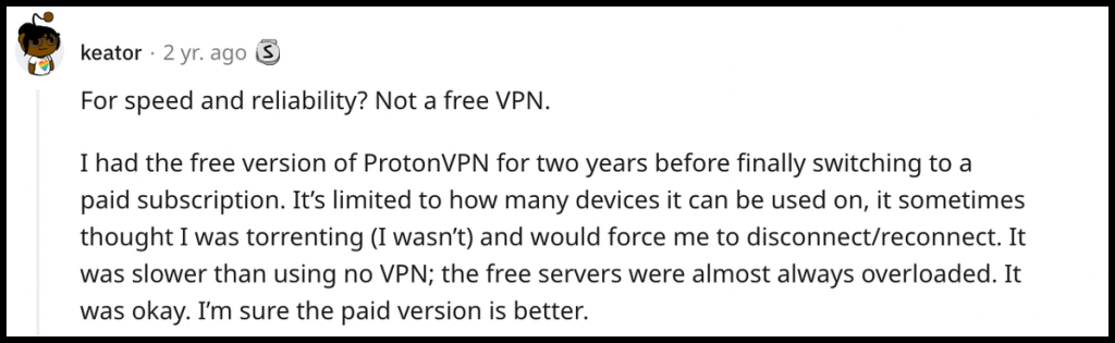 Reddit User Advising Against Using Free VPN