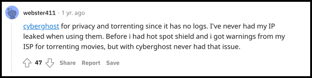 Redditor Recommending CyberGhost VPN for Torrenting