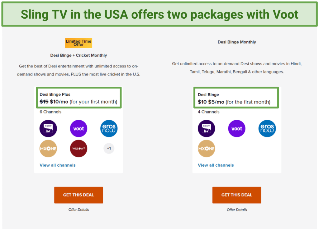 Voot Pricing via Sling TV in USA