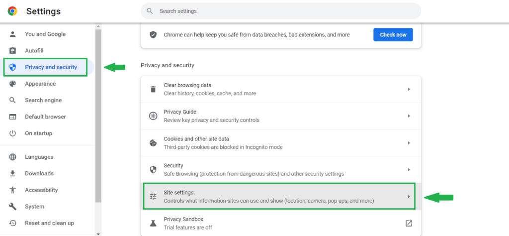 Changing Site Settings in Chrome