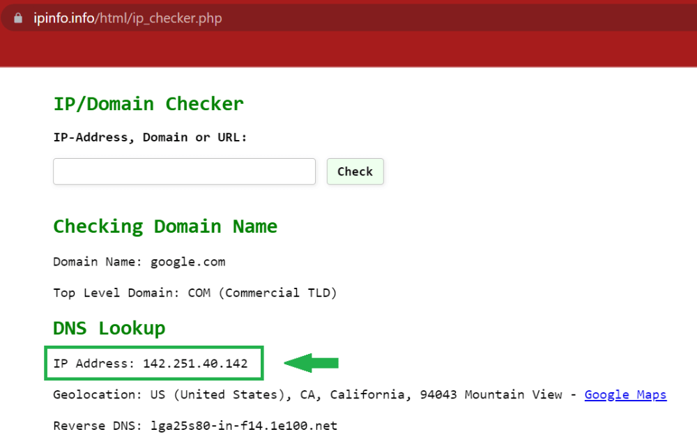 Check IP Domain of a Specific Website