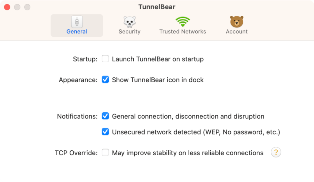 Γενική καρτέλα TunnelBear MacOS