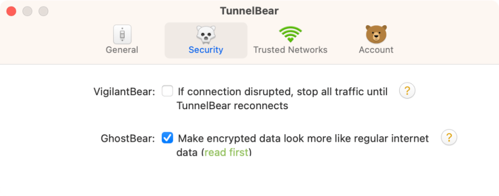 Security Tab TunnelBear Interface