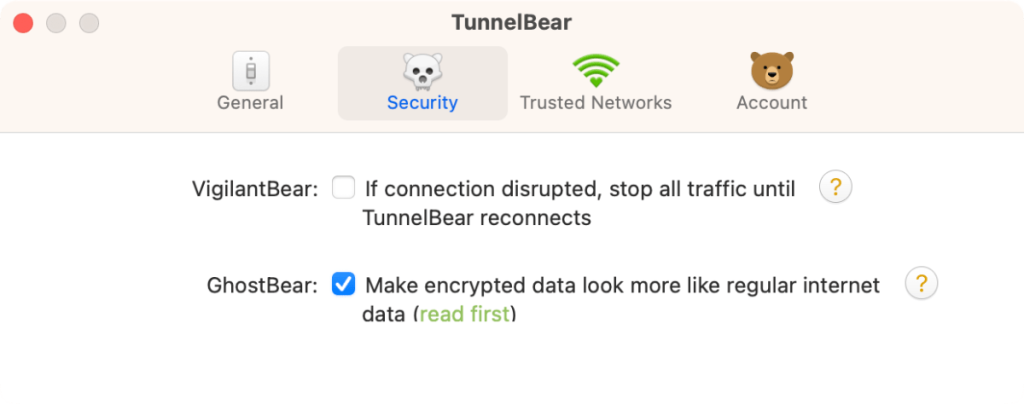 Güvenlik sekmesi Tunnelbear arayüzü