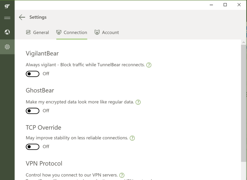 Windows'ta Tunnelbear bağlantı ayarları