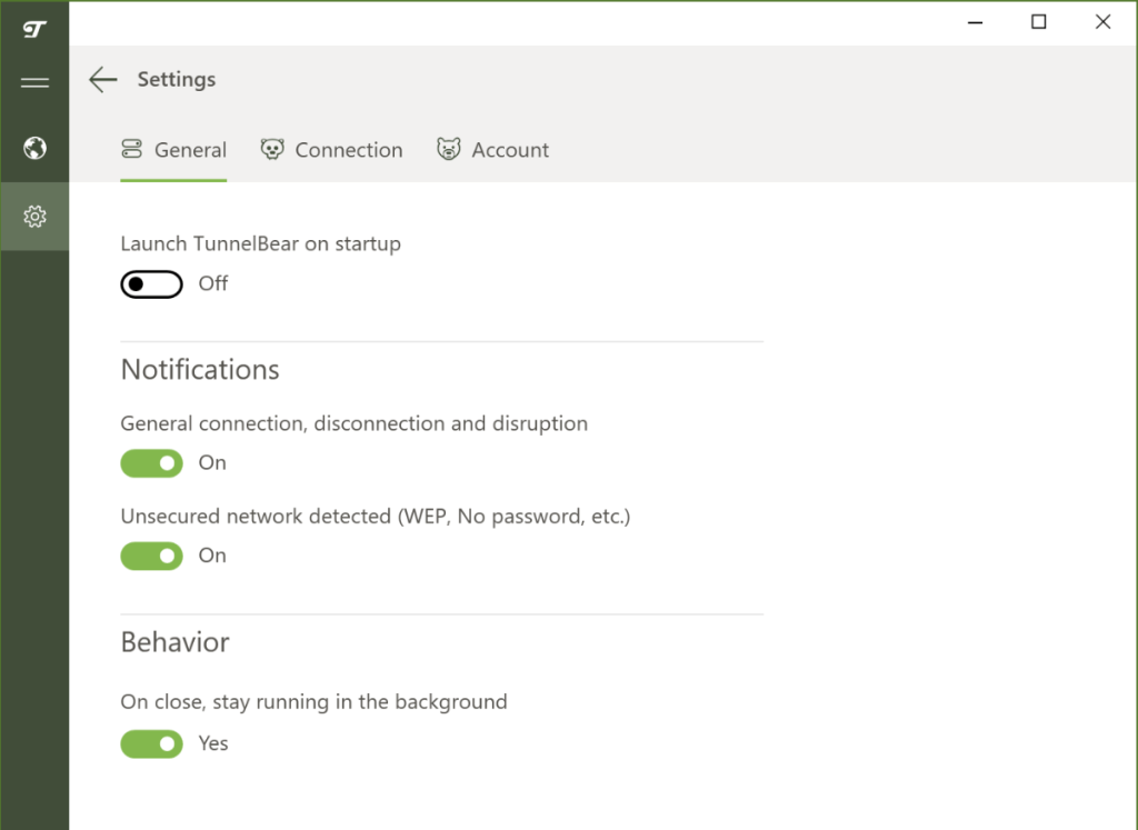 Tunnelbear Windows'ta Genel Ayarlar