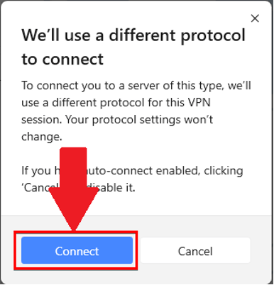 Confirmation to connect in NordVPN for Windows