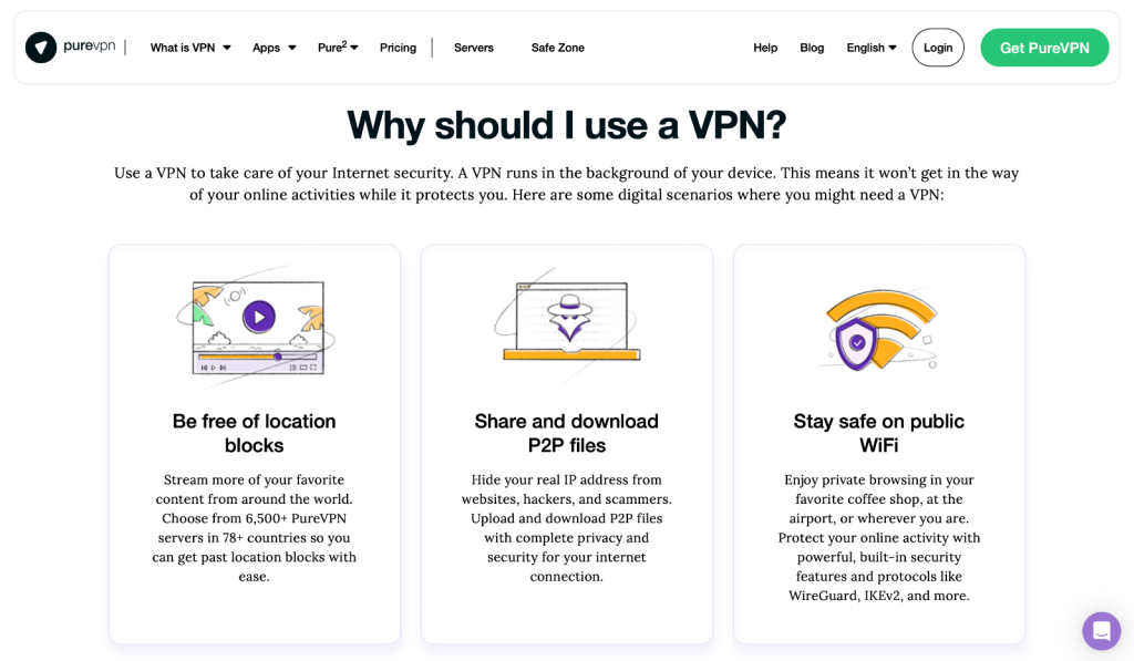PureVPN Home Screen Explaining VPN Benefits
