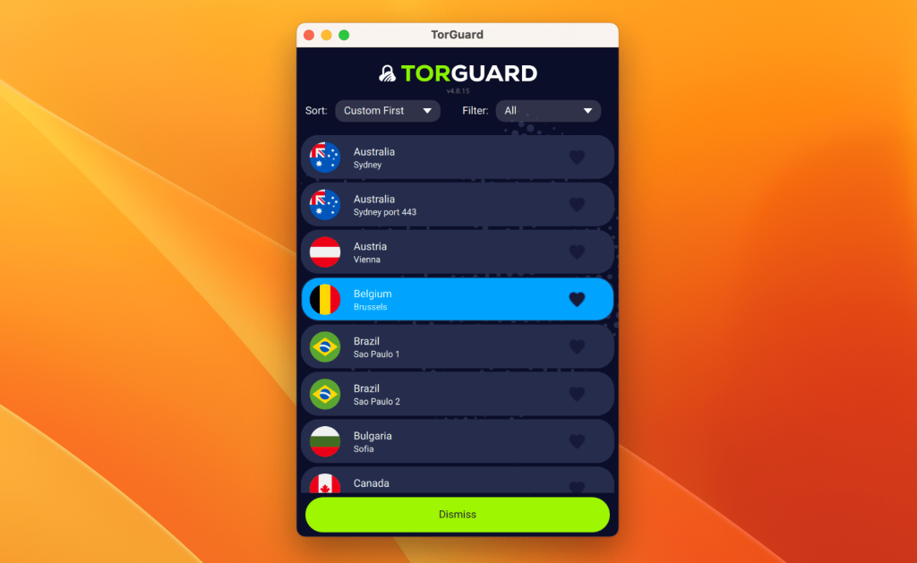TorGuard Server Selection Screen UI
