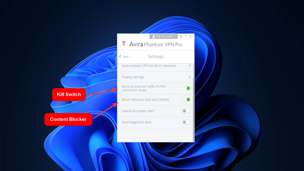 Avira Phantom VPN Pro settings