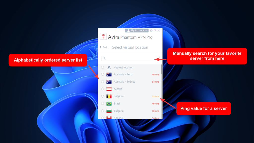 Avira Phantom VPN Pro showing a list of servers