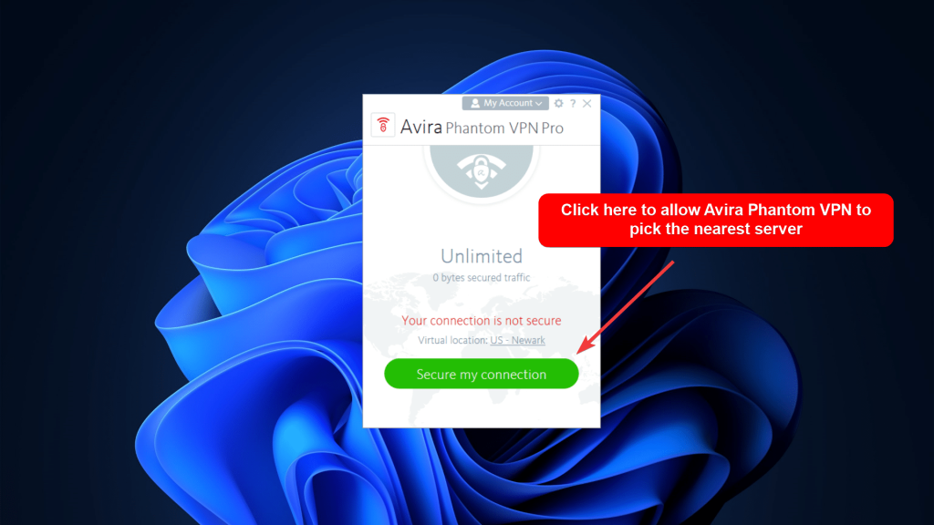 Avira Phantom VPN Pro showing a simple UI design