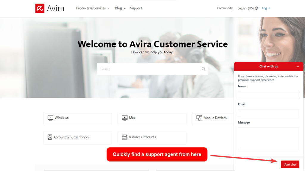 Avira customer service page showing live chat feature