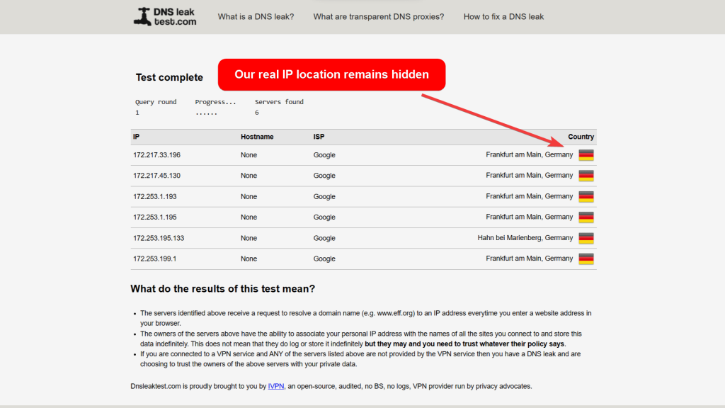 DNS leak test showing a hidden German IP address