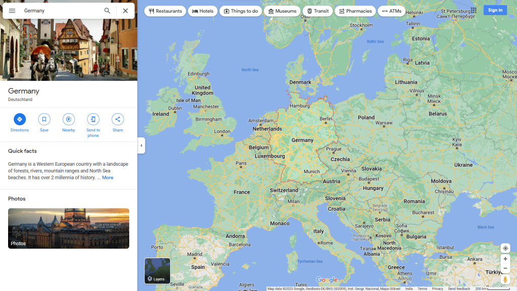 Google Maps interface showing Europe and focusing on Germany