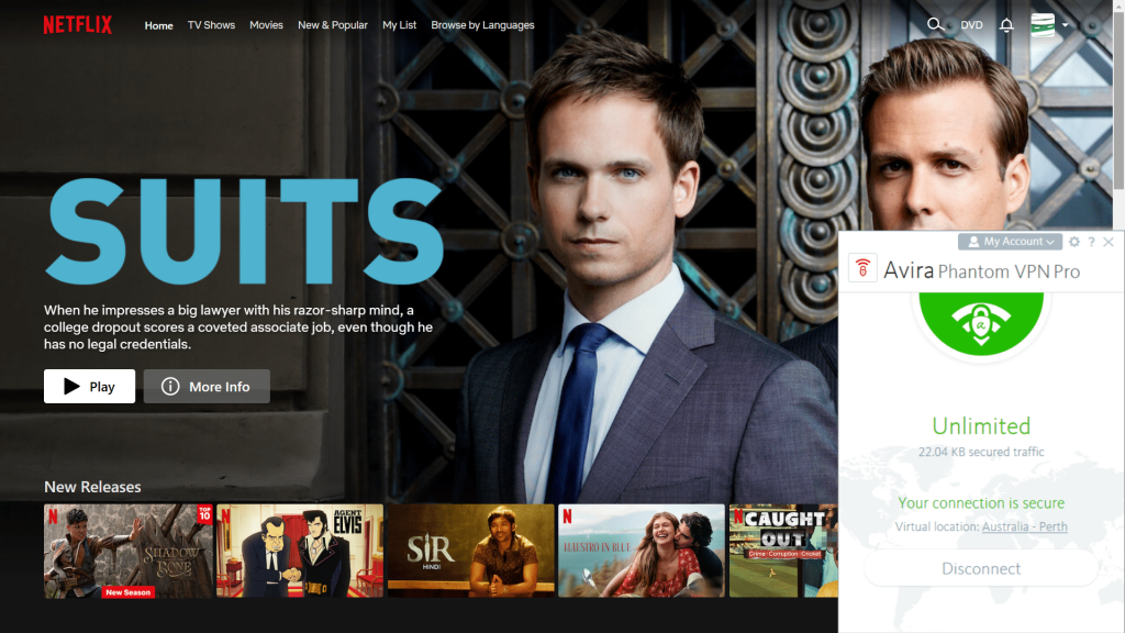 Netflix homepage showing a man in a suit and different TV shows with Avira Phantom VPN Pro in the lower right corner