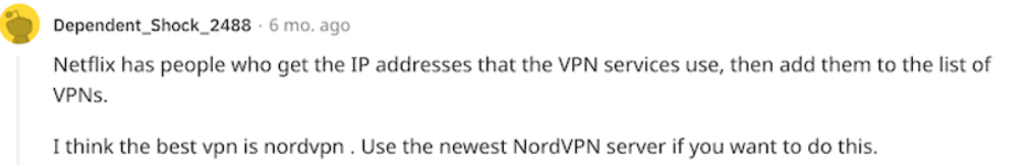 NordVPN Reddit comment
