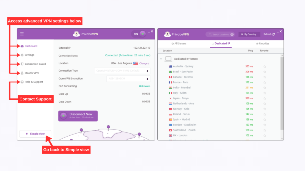 PrivateVPN Interface Advanced View