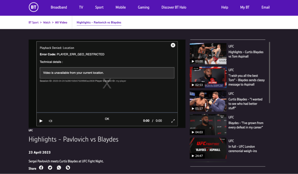 BT Sport geo block error message