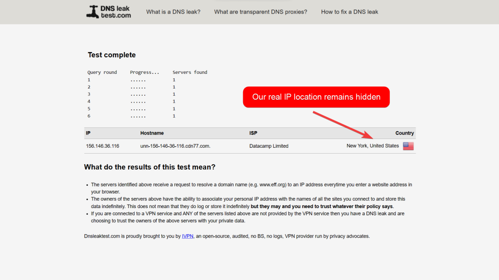 DNS लीक टेस्ट एक US IP स्थान दिखा रहा है