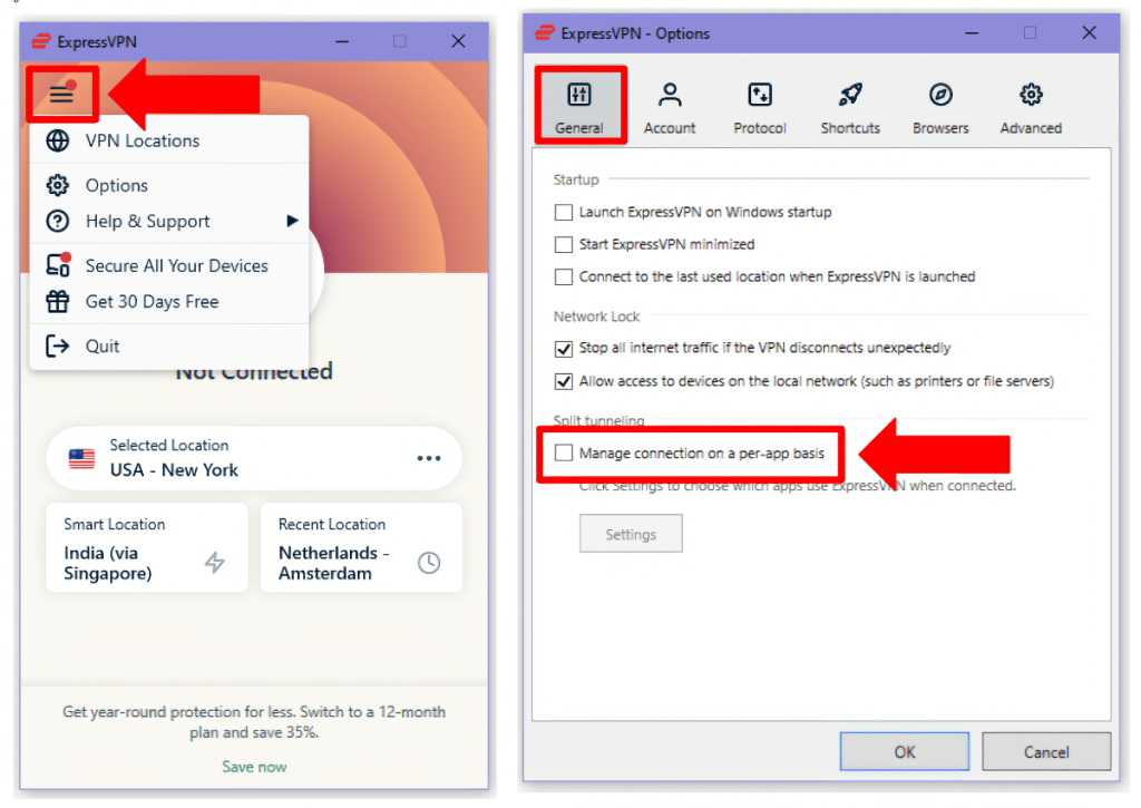 ExpressVPN Split Tunneling Interface