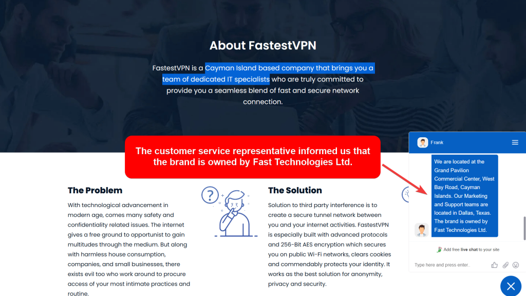 FastestVPN's About page showing the live chat feature