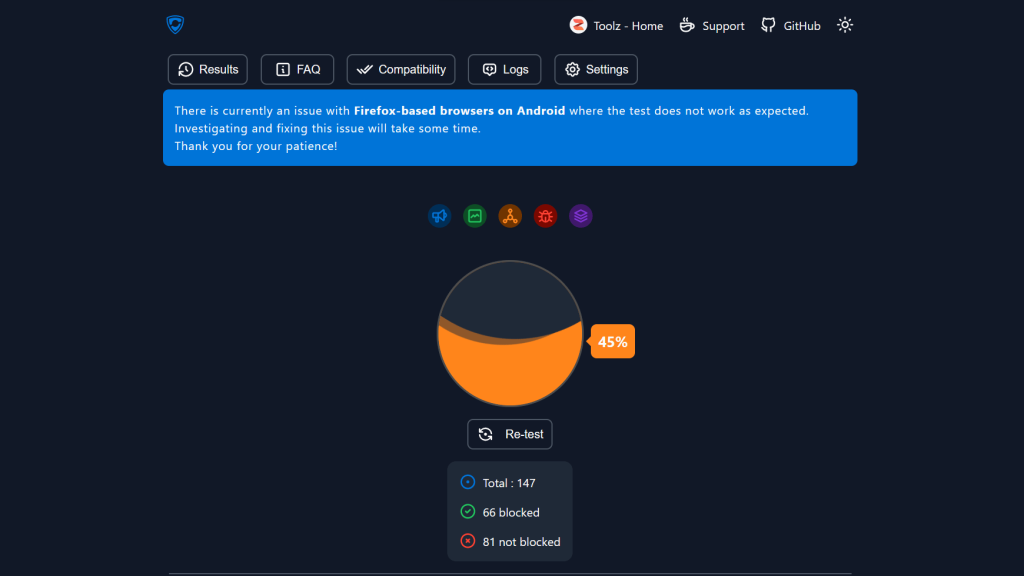 FastestVPN's Ad and Malware Blocker showing 45% efficiency in blocking ads and malware