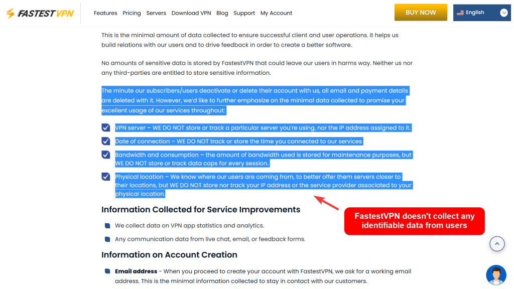 FastestVPN's Privacy Policy page showing it doesn't collect identifiable data from users