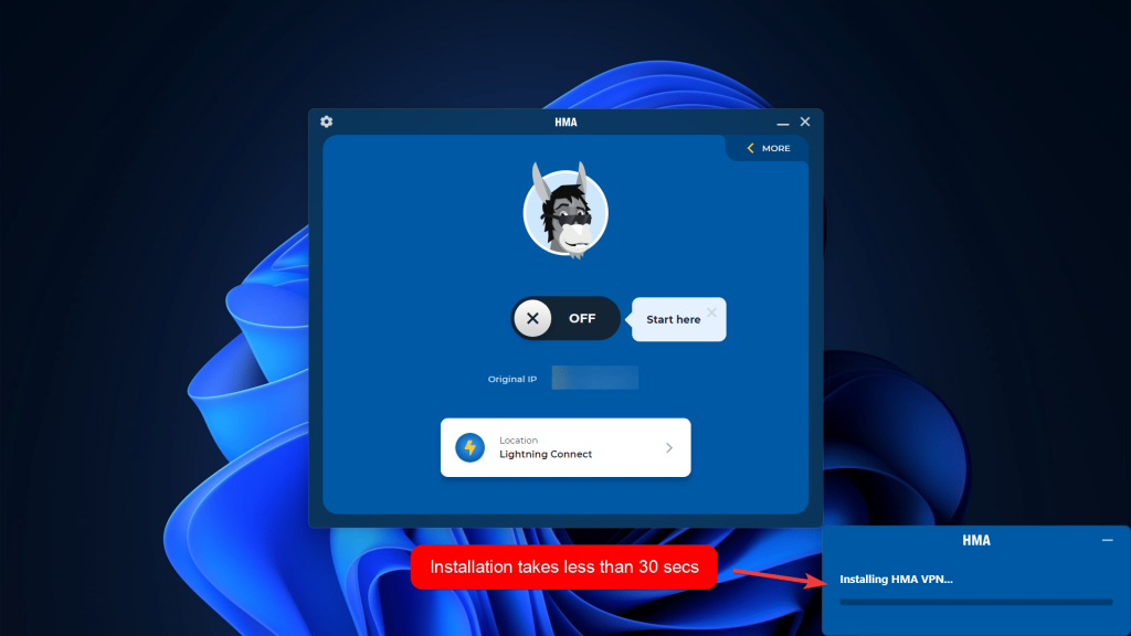 HMA VPN app showing its installation wizard