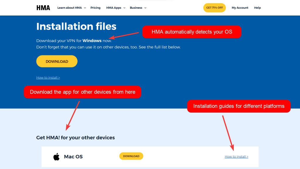 HMA VPN page showing installation guides for different platforms