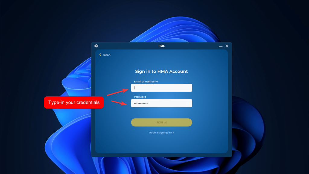 HMA app showing the required sign-in details