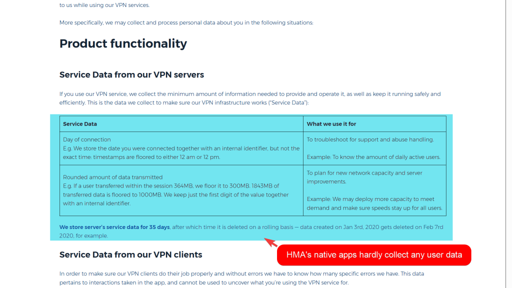 HMA page showing product functionality