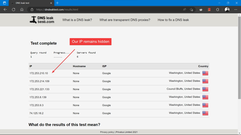 Kaspersky VPN DNS leak test results
